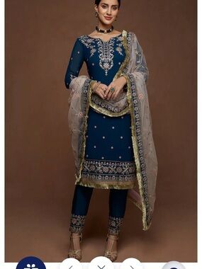 Embroidered Navy Straight-Leg Salwar Set with Sheer Dupatta